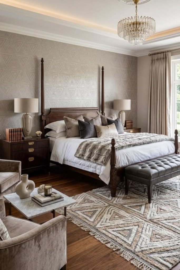 Moroccan patterned carpet with neutral tones.
