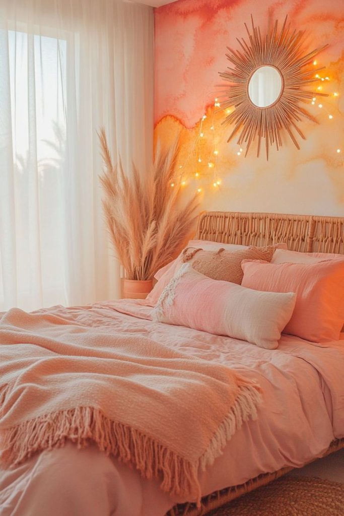 Peachy pink bedroom with warm decor.