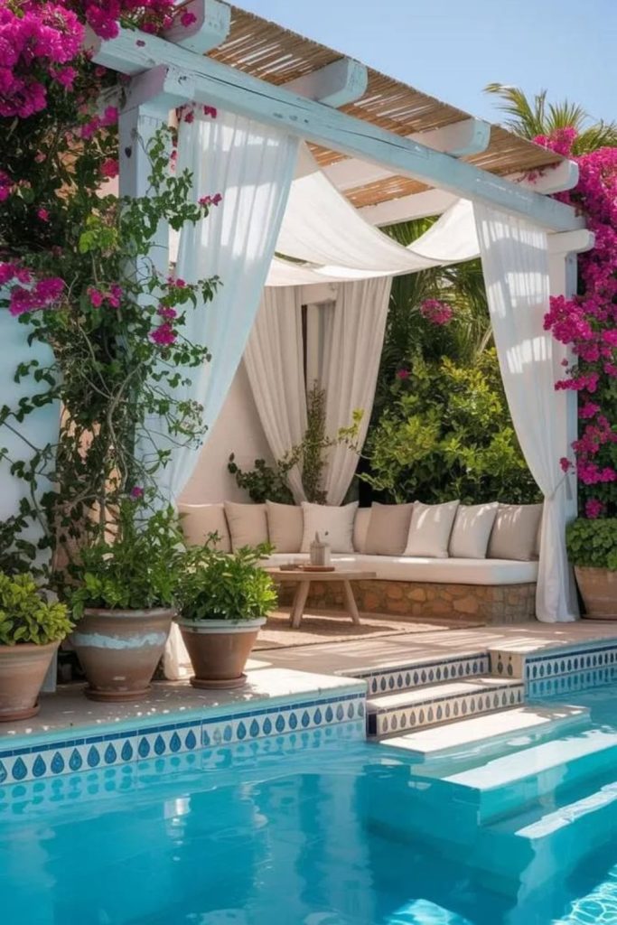 Pergola side pool ladder with shade.