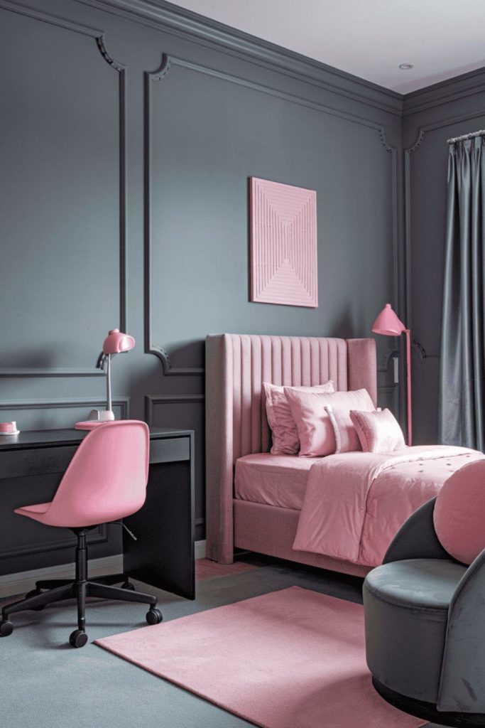 Pink boucle and grey cozy bedroom.