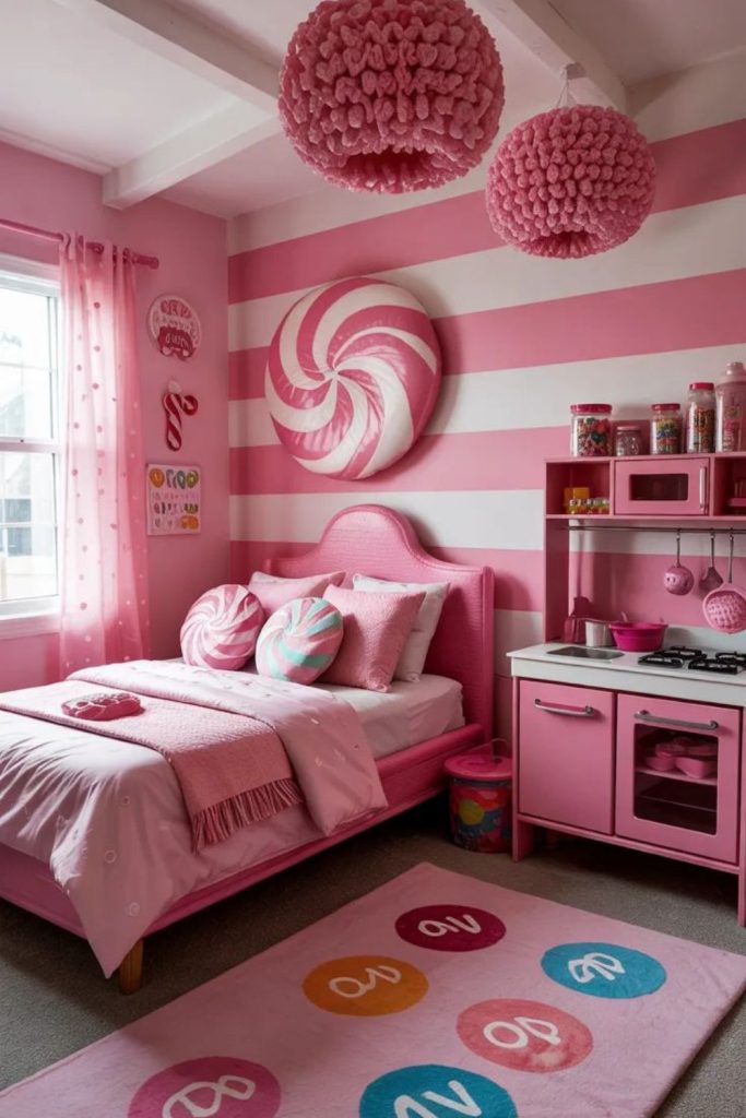 Pink candy-inspired bedroom with pastel accents.