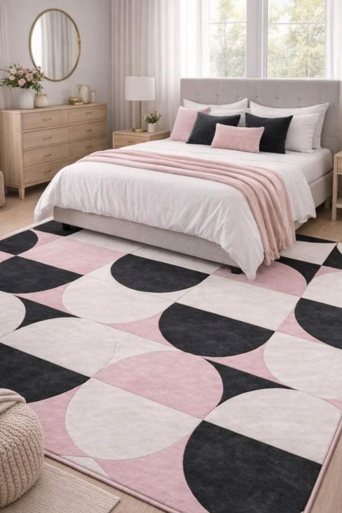 Playful pink checkerboard grey bedroom.