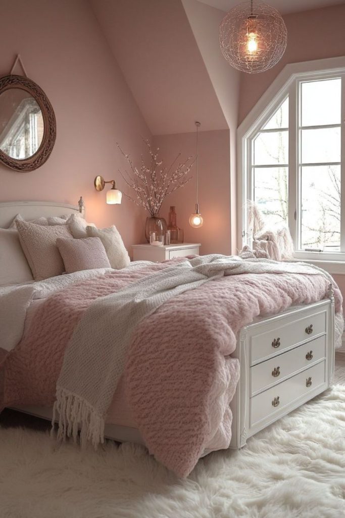 Dreamy pink cloud and grey bedroom.