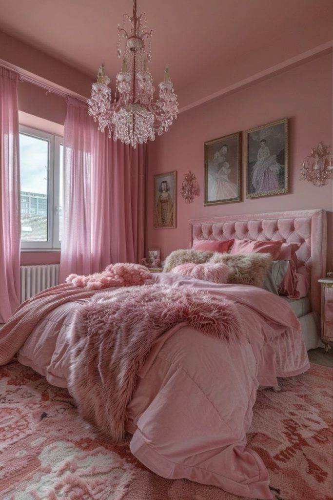 Pink cloud bedroom with cozy bedding.
