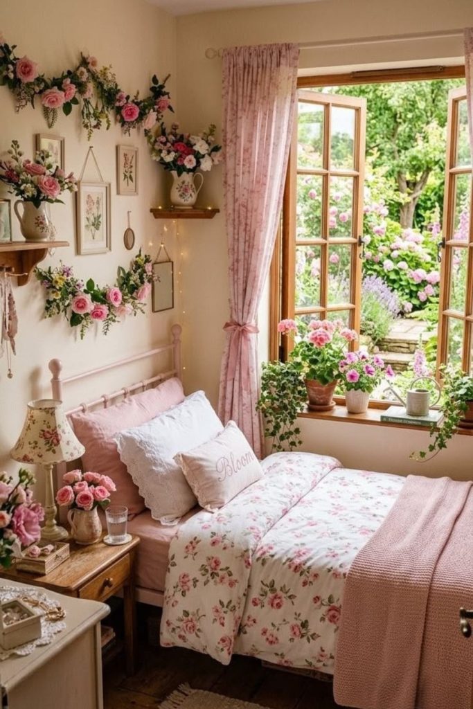 Pink cottagecore bedroom with vintage charm.