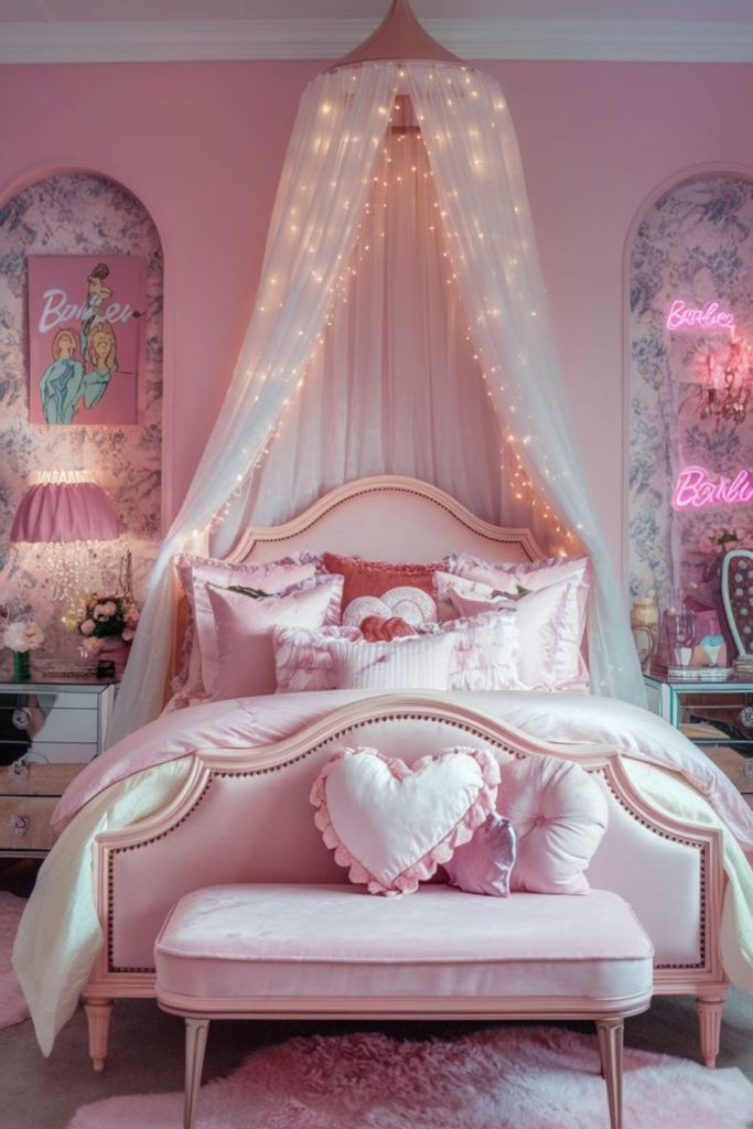 Pink fairycore bedroom with magical accents.