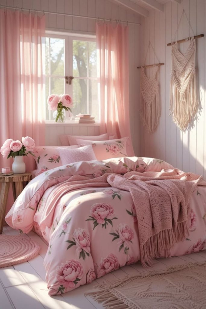 Pink floral bedroom with fairy lights.