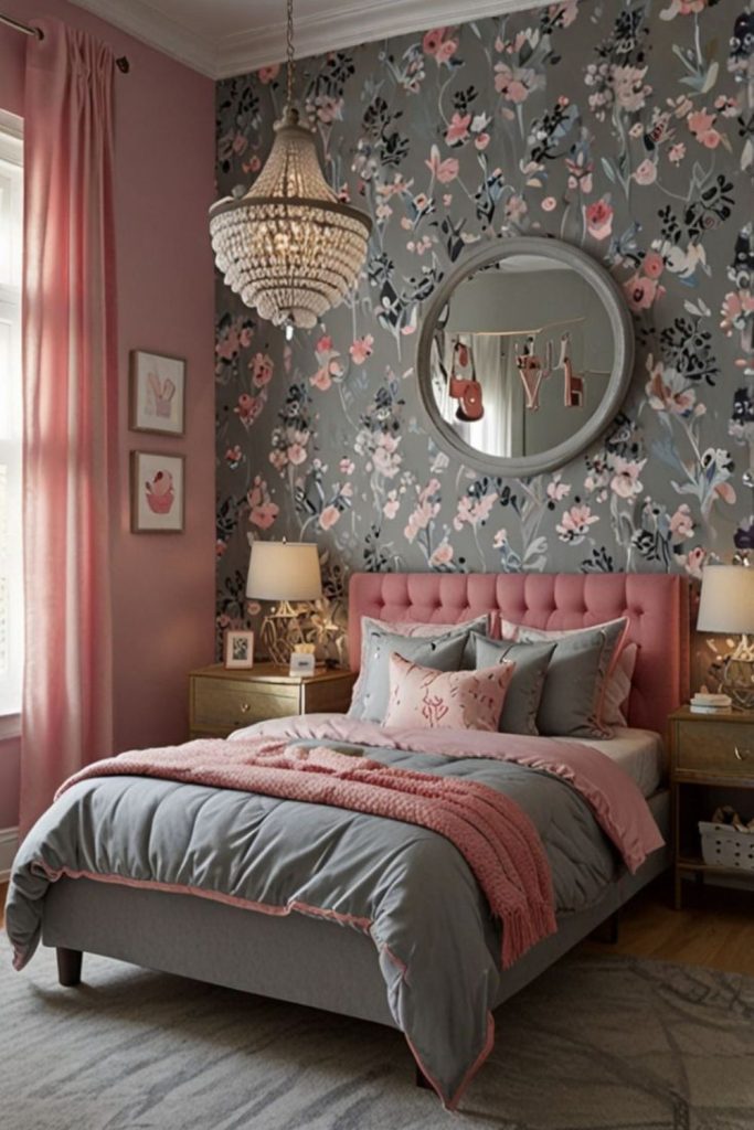Pink floral wallpaper and grey bedroom.