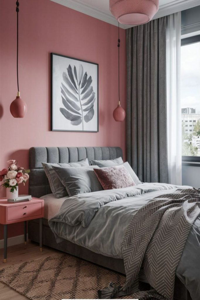 Pink gallery wall grey bedroom.