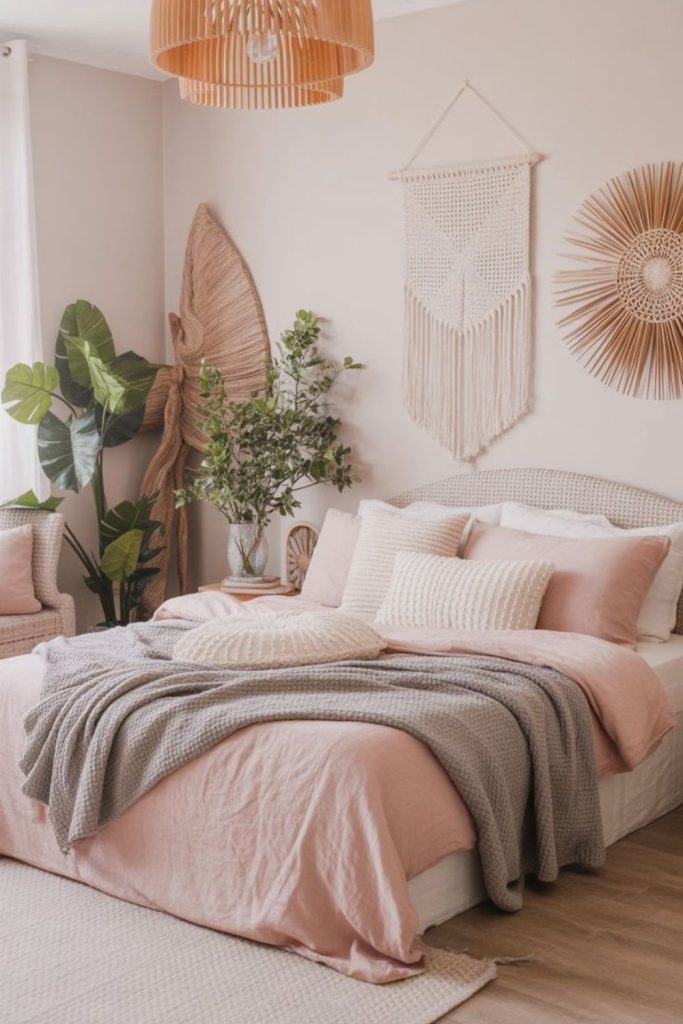 Boho pink and grey bedroom nook.