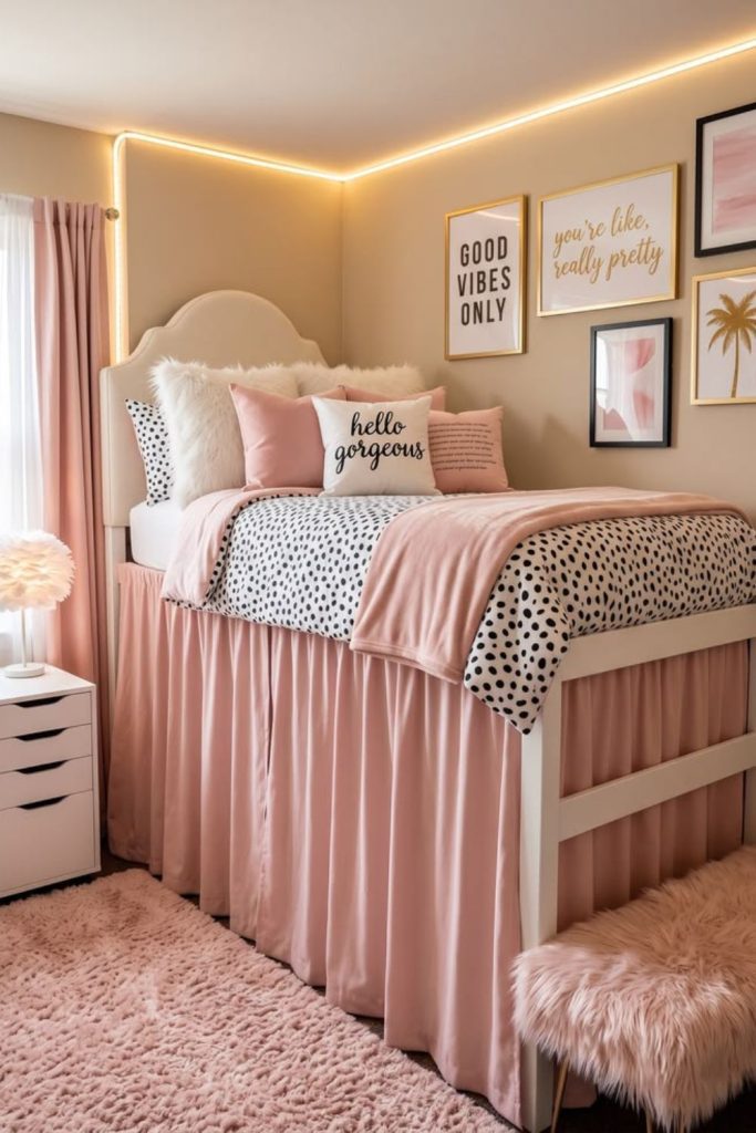 Pink lofted bed dreamy dorm room.