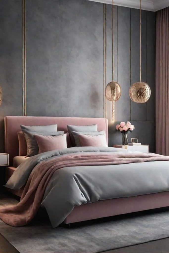 Pink paneled bedroom with grey furnishings.
