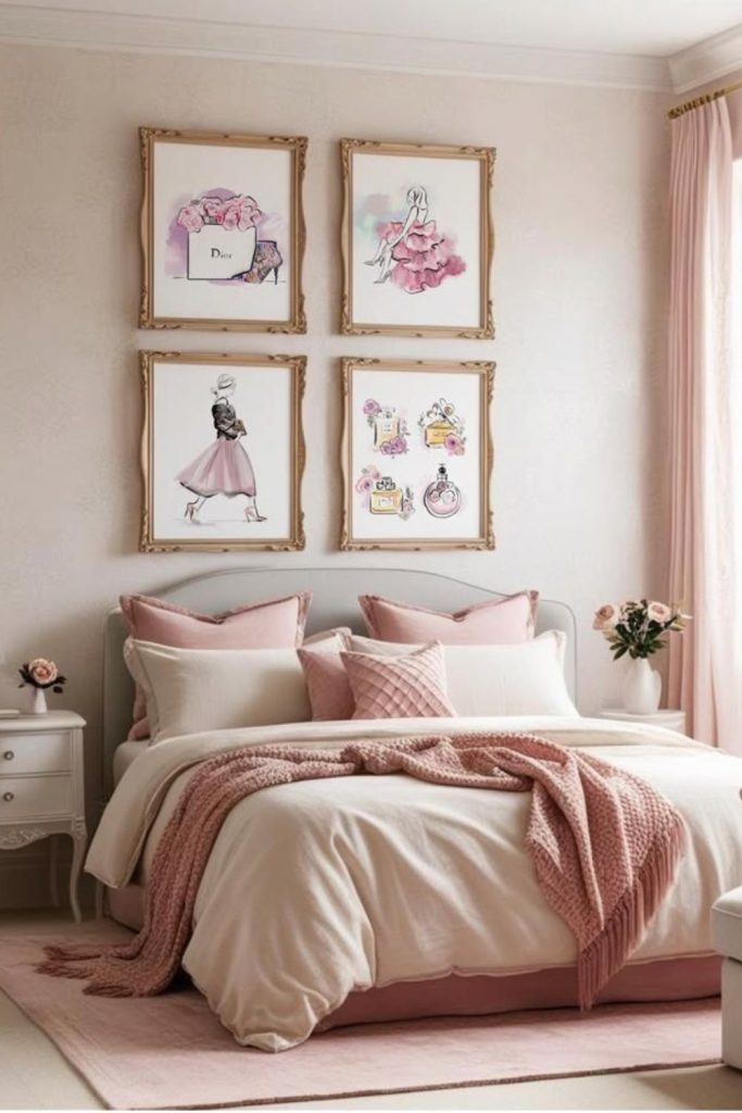 Pink Parisian chic teen bedroom décor.