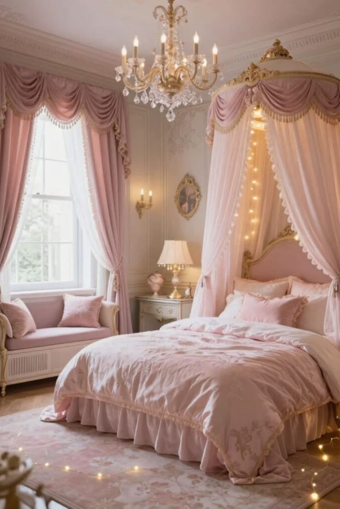 Pink princess bedroom with elegant details.