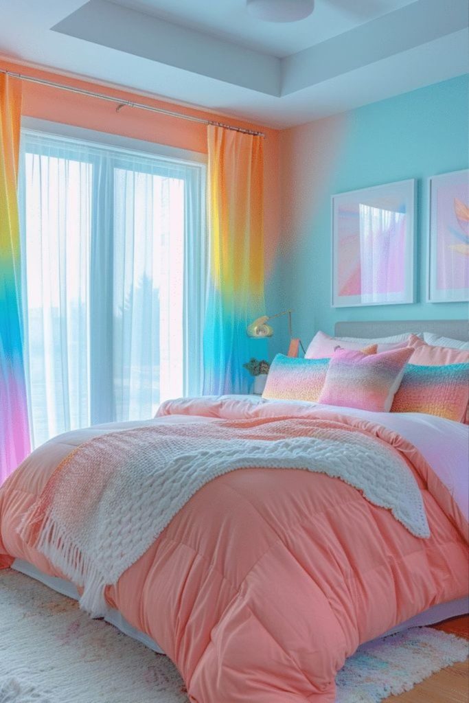 Pink rainbow bedroom with pastel colors.