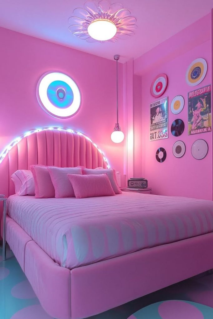 Pink retro bedroom with colorful accents.