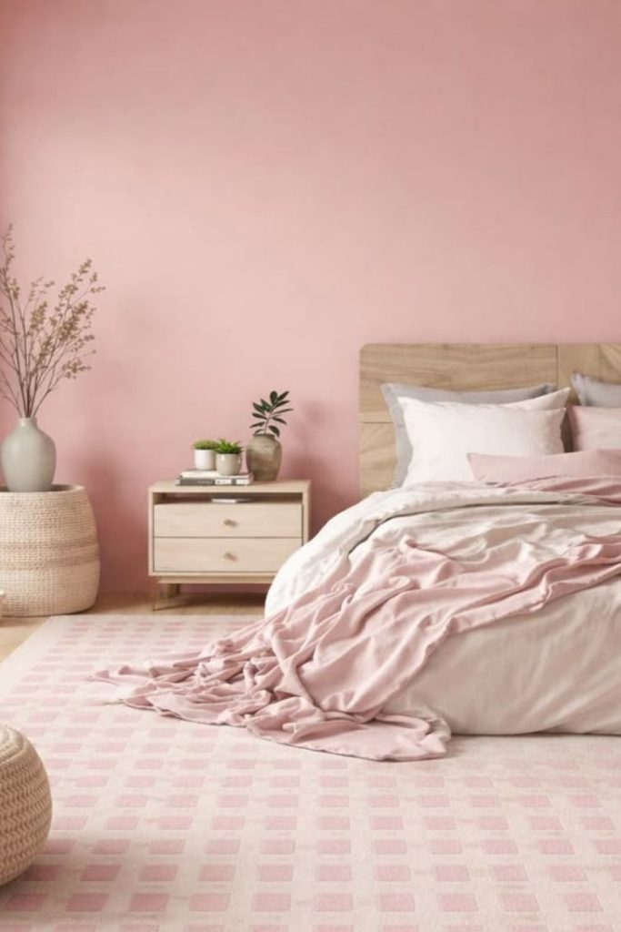 Scandinavian pink bedroom with minimalist decor.