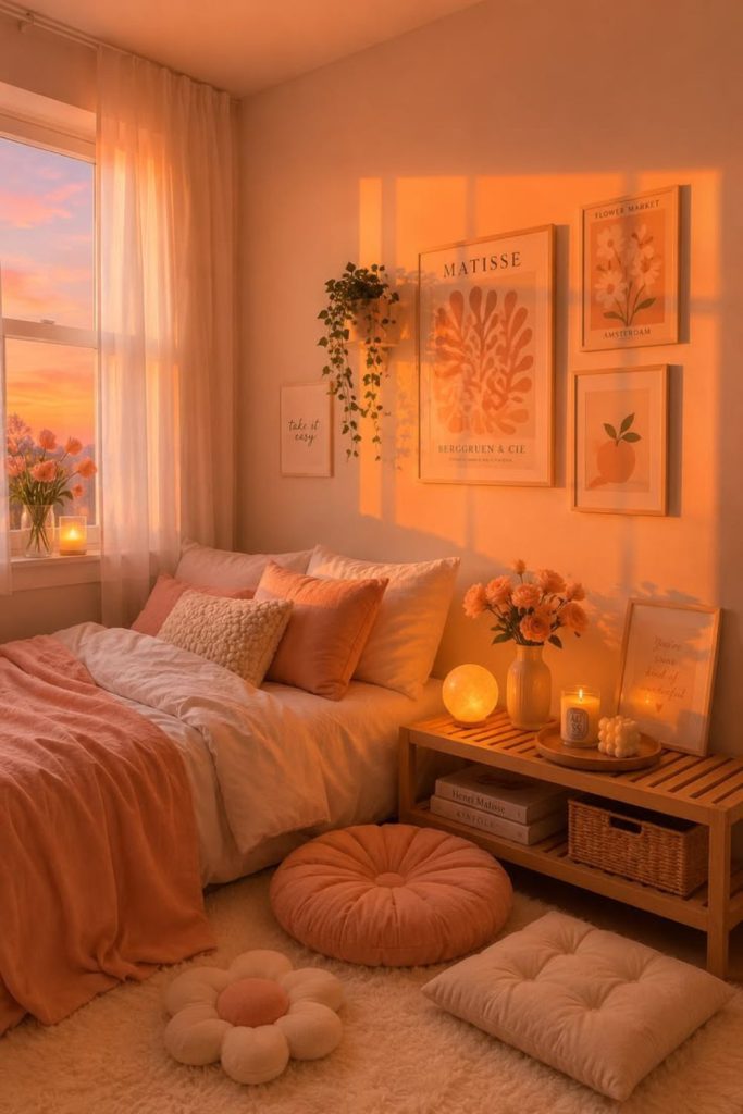 Pink sunset bedroom with warm colors.