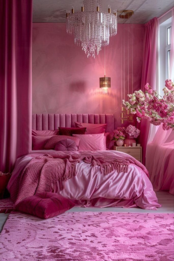 Pink velvet bedroom with glamorous decor.