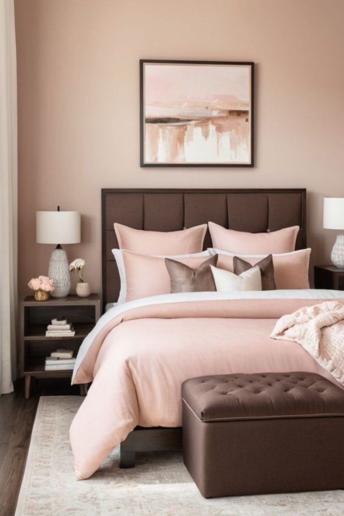 Pink brown Parisian bedroom design
