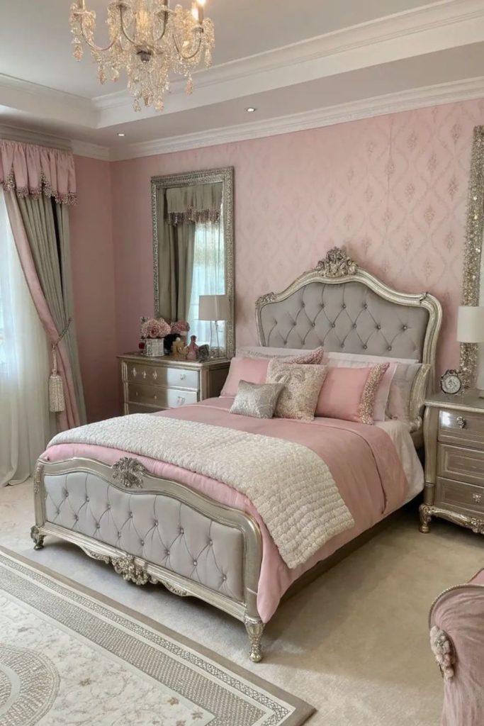 Pink silver glamorous princess bedroom.