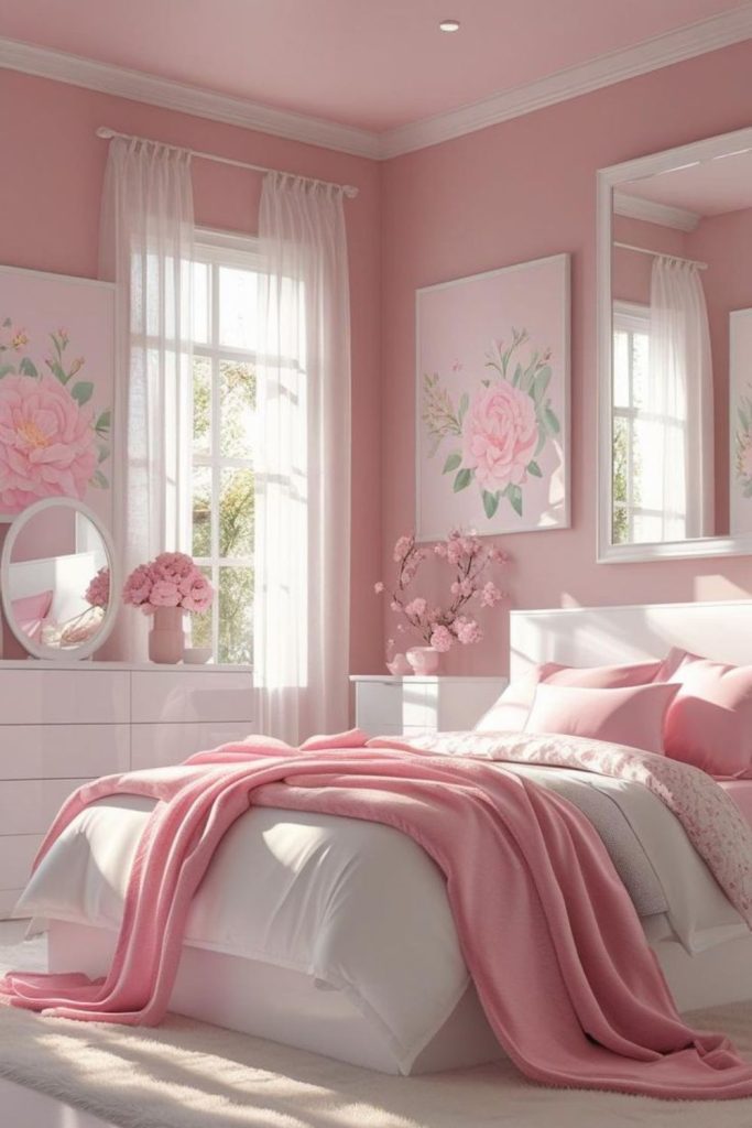 Pink and white sweetheart bedroom design.