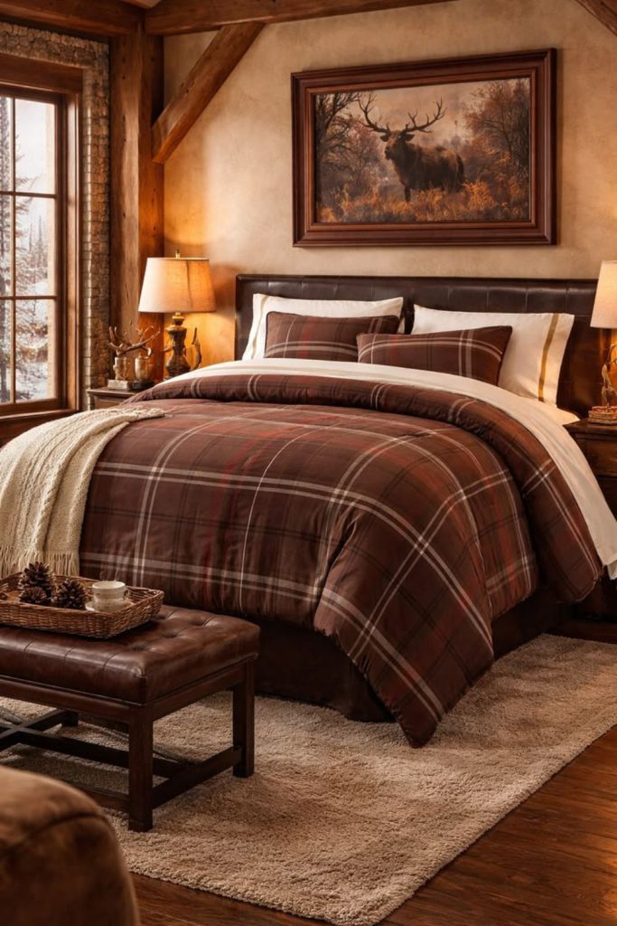 Cozy plaid cabin bedroom decor.