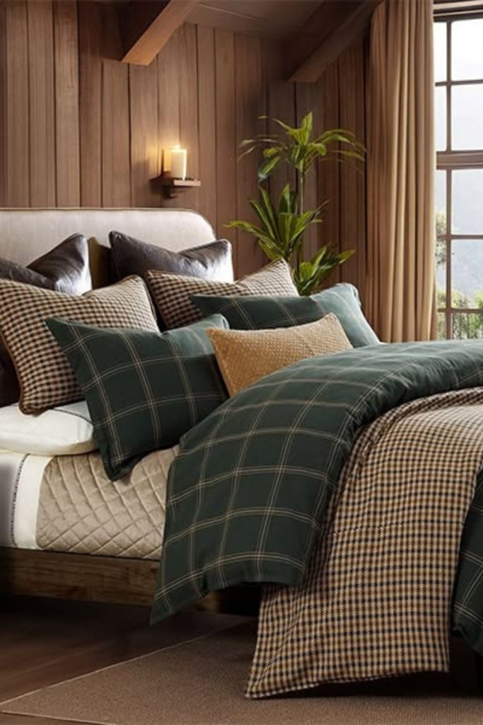 Rustic plaid bedding cabin inspired bedroom.