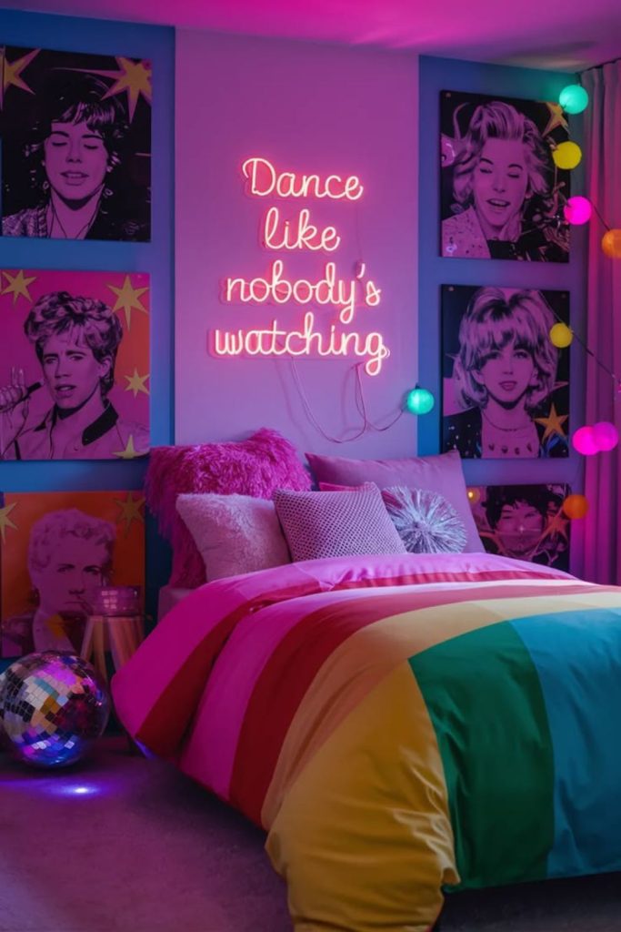Pop star poster covered bedroom.