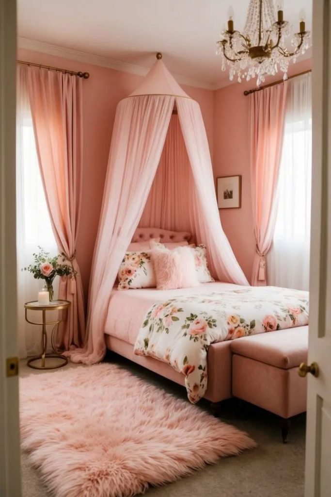 Pink princess canopy bedroom with elegance.