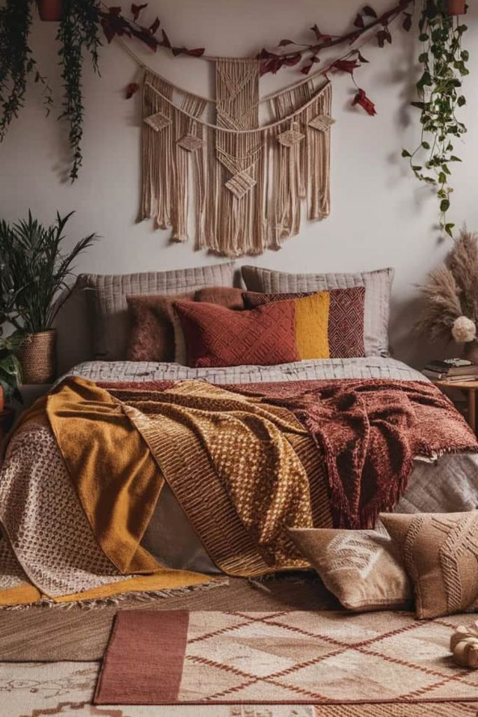 Cozy pumpkin spice autumn bedroom.