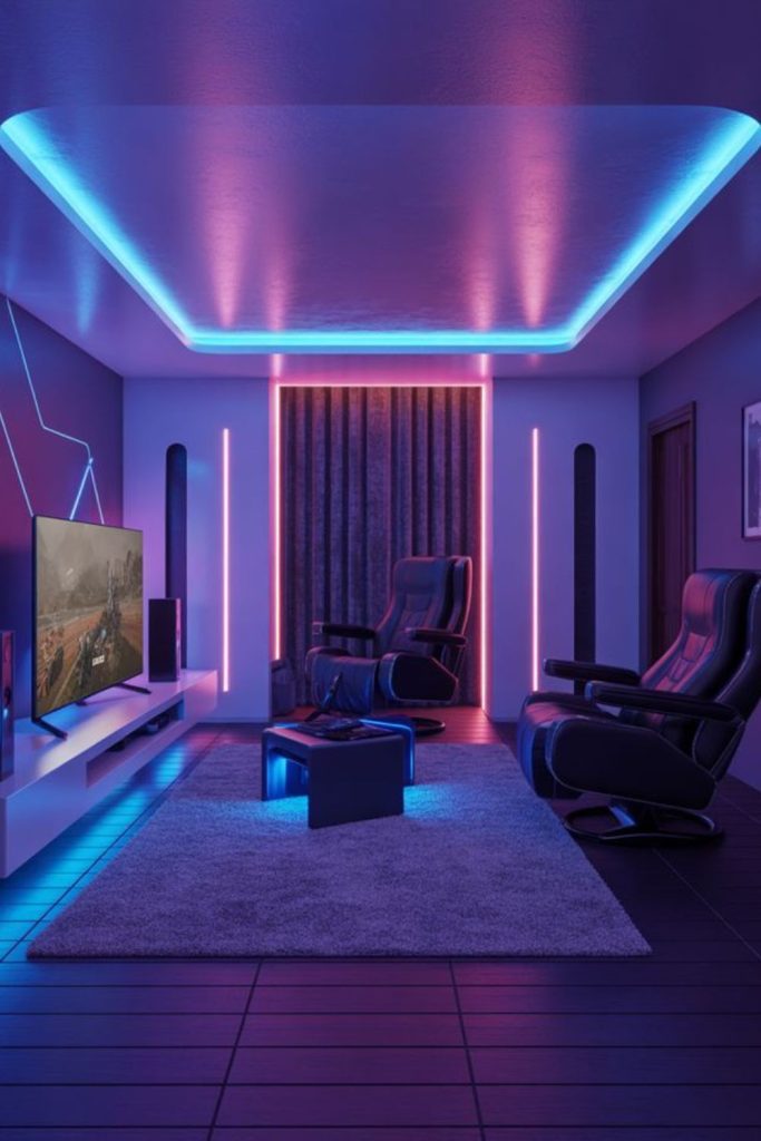 RGB ceiling-lit gaming room.