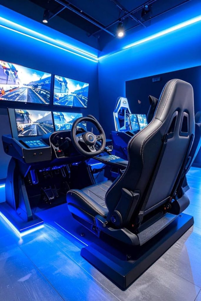 Realistic racing simulator gaming cockpit.