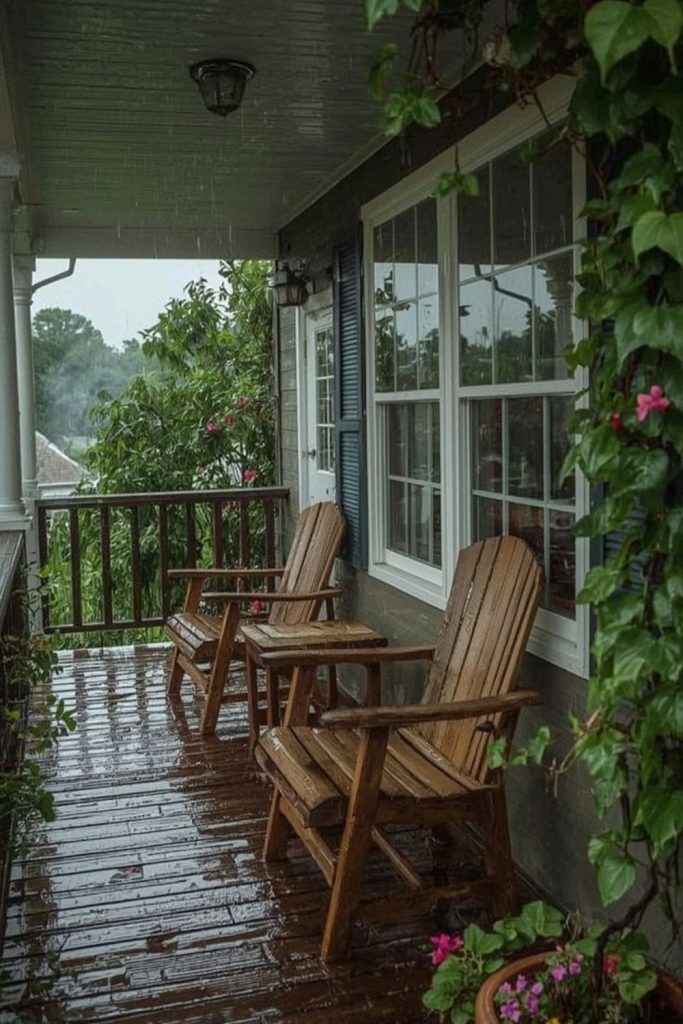 Rainy day cozy covered porch retreat.