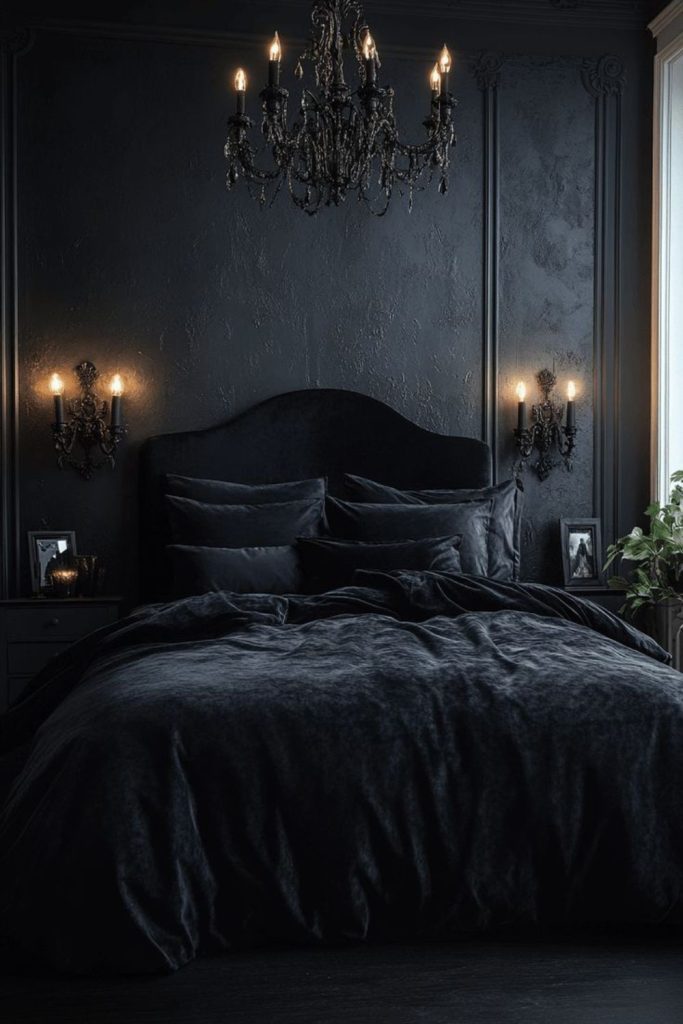 Raven black velvet luxury bedroom interior.