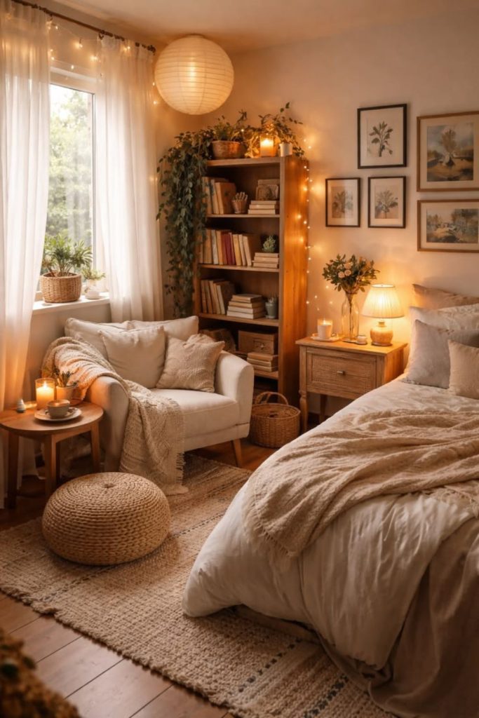 Cozy reading bedroom with bookshelf corner.