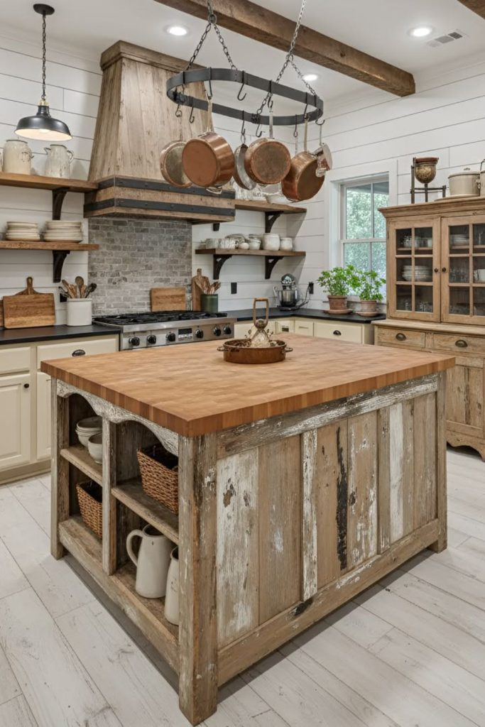 Reclaimed wood rustic kitchen island style.