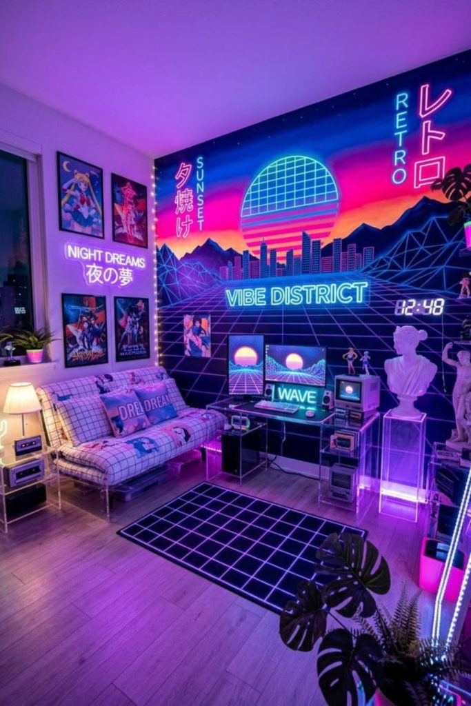 Retro arcade-themed dorm room interior.