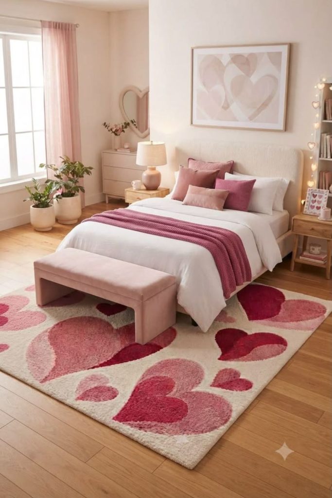 Heart themed romantic Y2K bedroom.