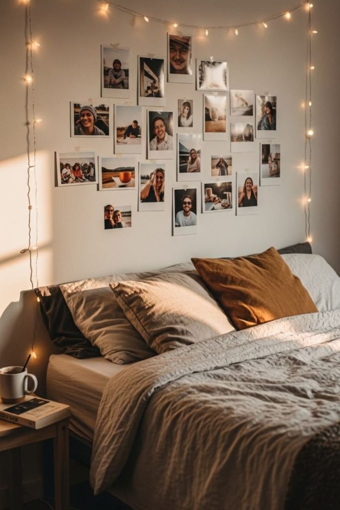 Polaroid photo wall nostalgic bedroom.