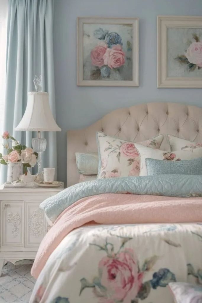 Romantic blue blush bedroom with florals
