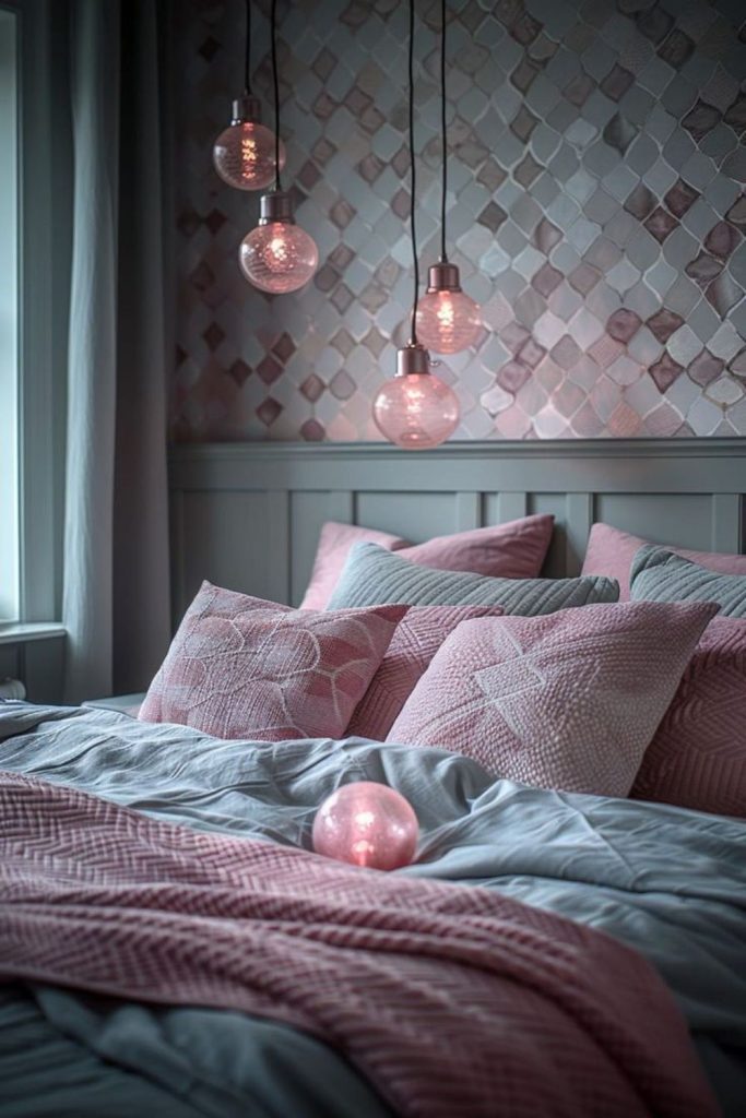Romantic pink alcove with grey bedding.