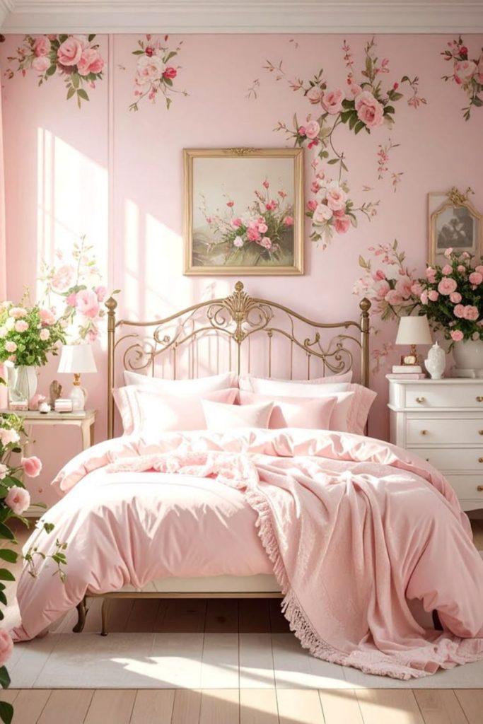 Romantic rose pink velvet bedroom design.