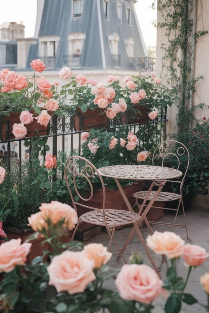 Romantic balcony featuring blooming rose planters.