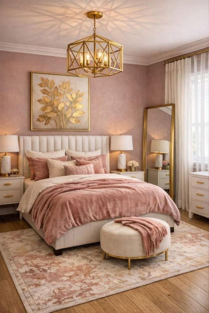 Rose gold pink bedroom with glamour.