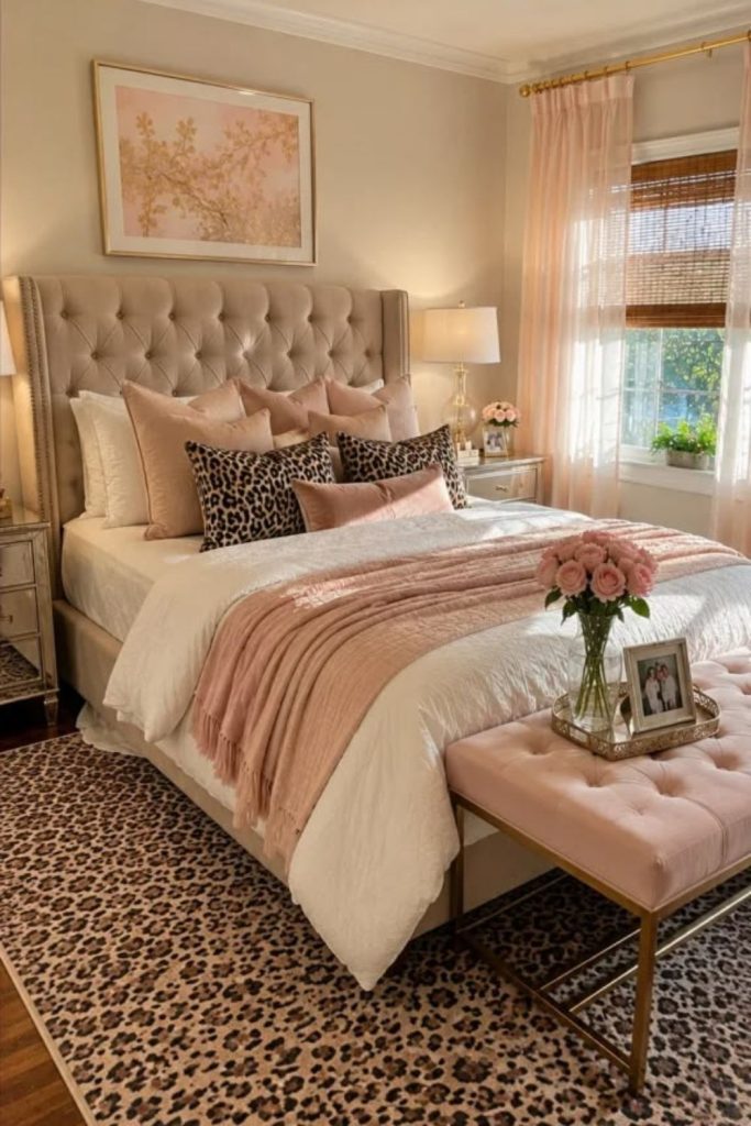 Rose gold leopard bedroom with luxury.