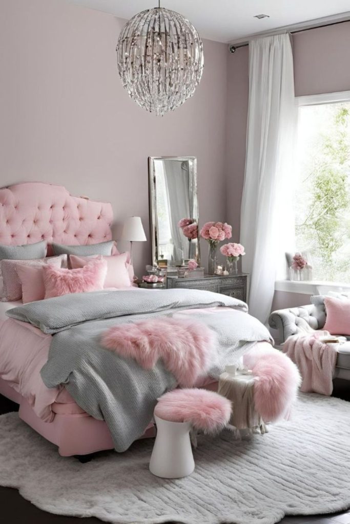 Rose pink and smoky grey bedroom.