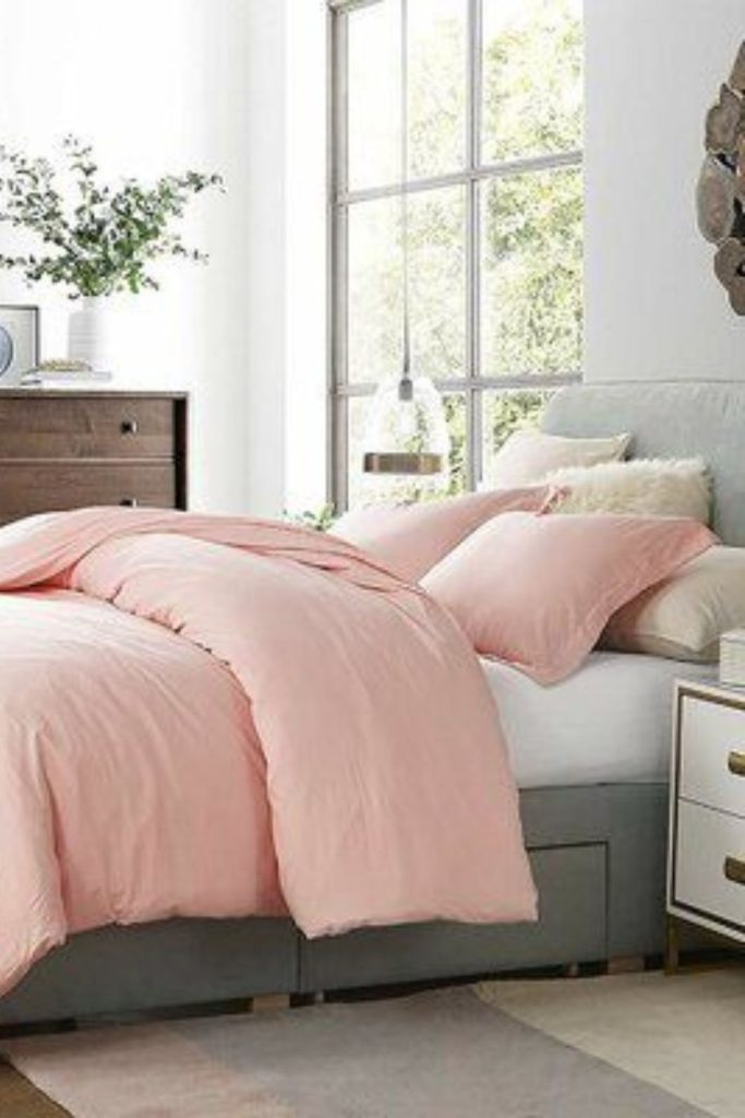 Rose quartz pink grey bedroom retreat.