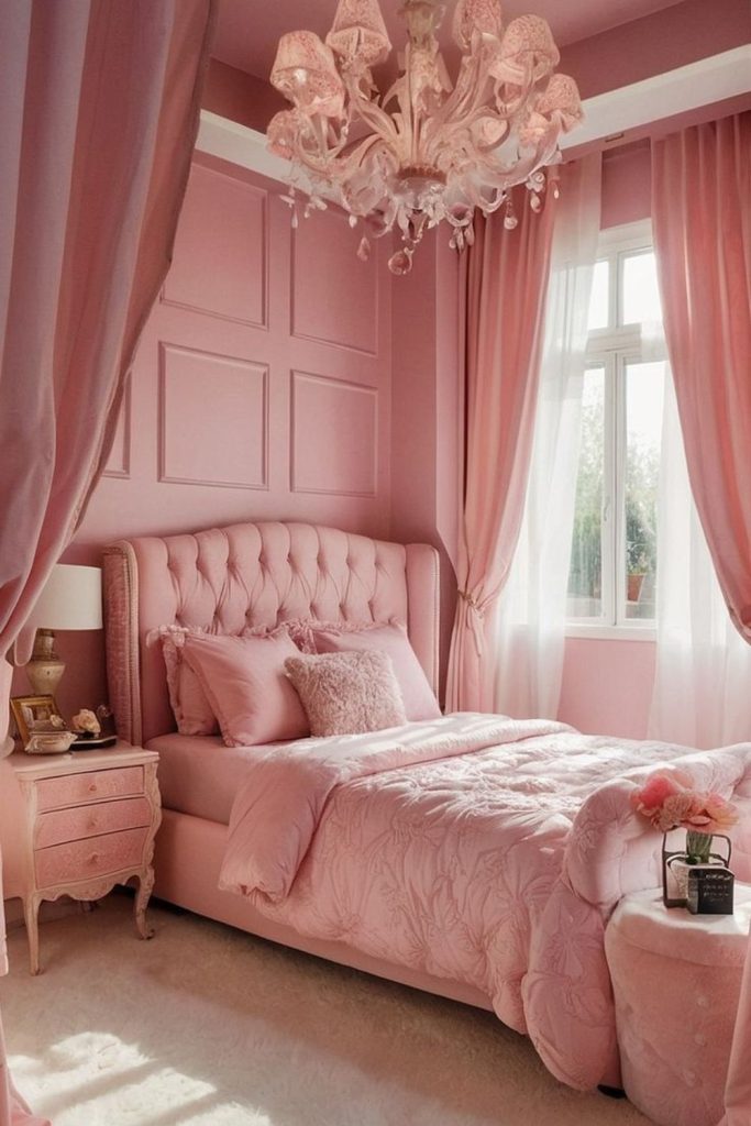 Rose quartz bedroom with elegant decor.