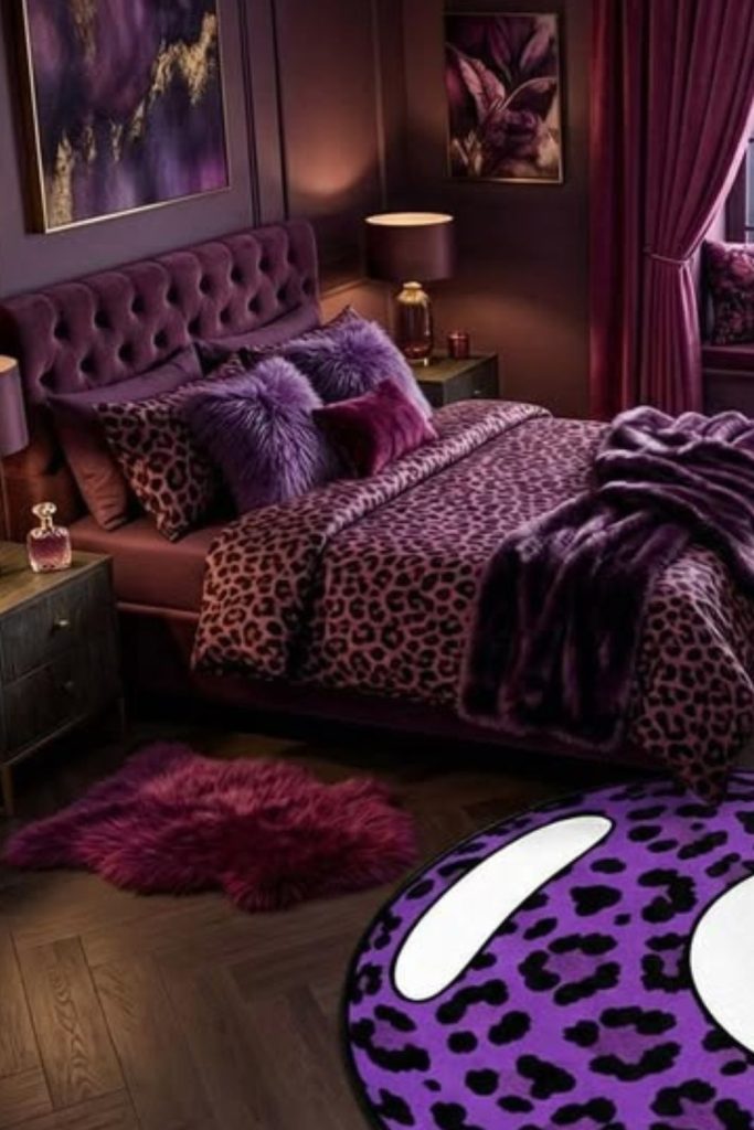 Royal purple leopard luxurious bedroom.